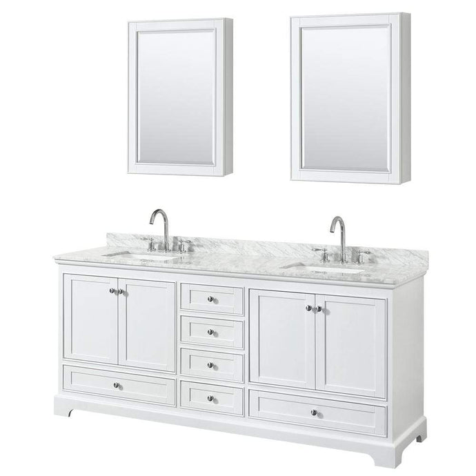 Wyndham Collection Vanity Wyndham Collection WCS202080DWHCMUNSMED Deborah 80 Inch Double Bathroom Vanity in White, White Carrara Marble Countertop, Undermount Square Sinks, and Medicine Cabinets