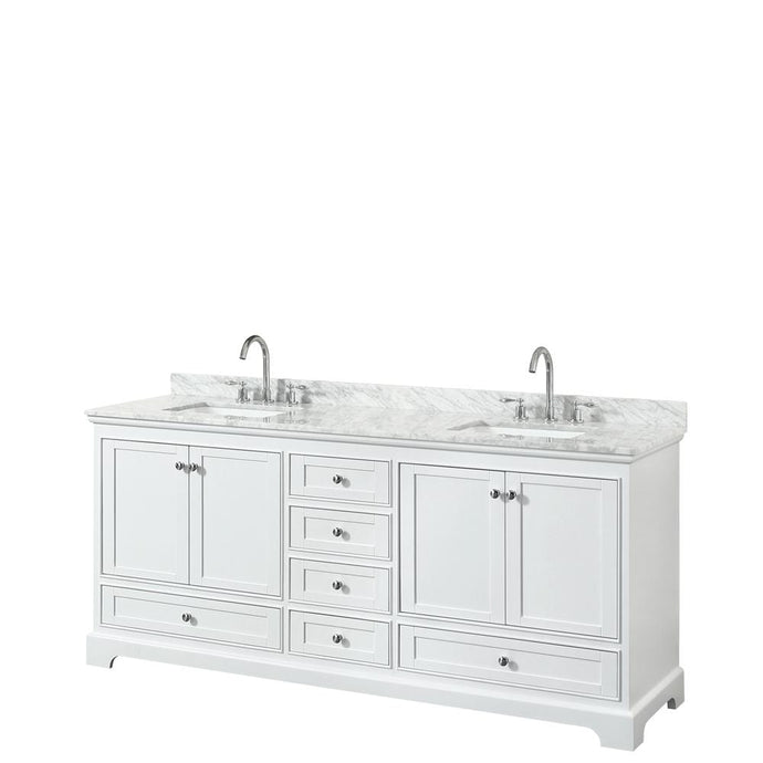 Wyndham Collection Vanity Wyndham Collection WCS202080DWHCMUNSMXX Deborah 80 Inch Double Bathroom Vanity in White, White Carrara Marble Countertop, Undermount Square Sinks, and No Mirror
