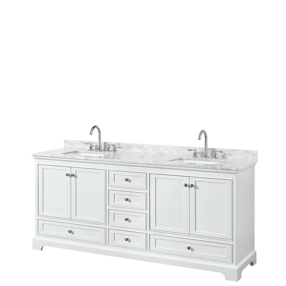 Wyndham Collection Vanity Wyndham Collection WCS202080DWHCMUNSMXX Deborah 80 Inch Double Bathroom Vanity in White, White Carrara Marble Countertop, Undermount Square Sinks, and No Mirror