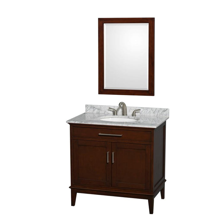 Wyndham Collection Vanity Wyndham Collection WCV161636SCDCMUNRM24 Hatton 36 Inch Single Bathroom Vanity in Dark Chestnut, White Carrara Marble Countertop, Undermount Oval Sink, and 24 Inch Mirror