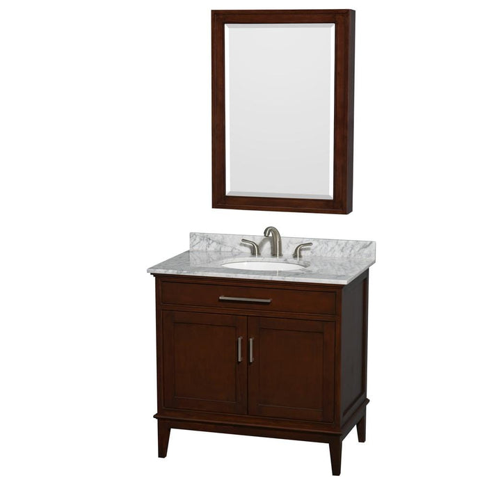 Wyndham Collection Vanity Wyndham Collection WCV161636SCDCMUNRMED Hatton 36 Inch Single Bathroom Vanity in Dark Chestnut, White Carrara Marble Countertop, Undermount Oval Sink, and Medicine Cabinet