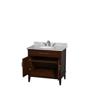Wyndham Collection Vanity Wyndham Collection WCV161636SCDCMUNRMXX Hatton 36 Inch Single Bathroom Vanity in Dark Chestnut, White Carrara Marble Countertop, Undermount Oval Sink, and No Mirror