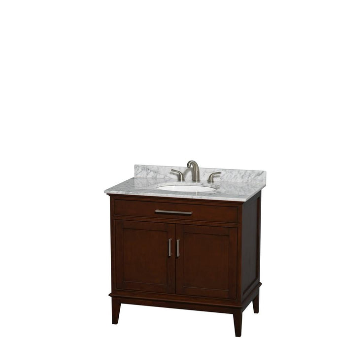 Wyndham Collection Vanity Wyndham Collection WCV161636SCDCMUNRMXX Hatton 36 Inch Single Bathroom Vanity in Dark Chestnut, White Carrara Marble Countertop, Undermount Oval Sink, and No Mirror