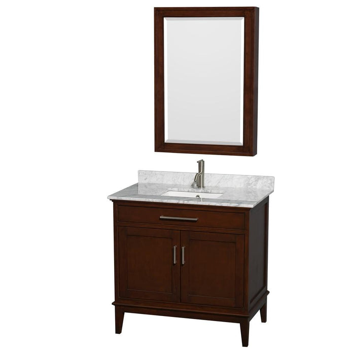Wyndham Collection Vanity Wyndham Collection WCV161636SCDCMUNSMED Hatton 36 Inch Single Bathroom Vanity in Dark Chestnut, White Carrara Marble Countertop, Undermount Square Sink, and Medicine Cabinet