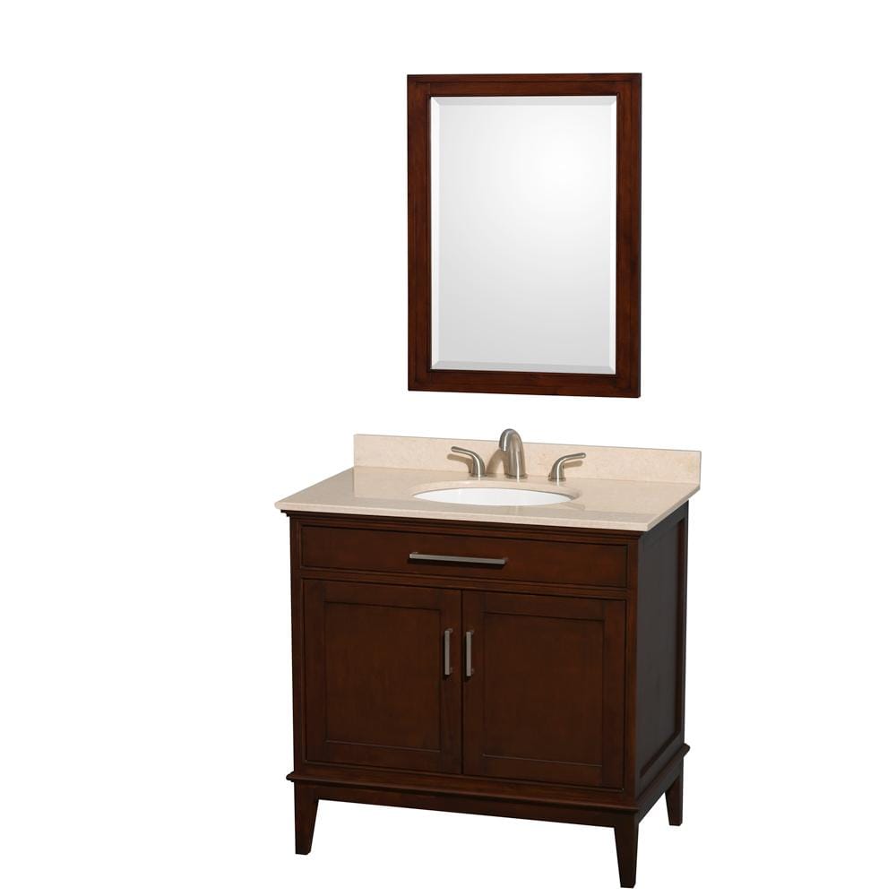 Wyndham Collection Vanity Wyndham Collection WCV161636SCDIVUNRM24 Hatton 36 Inch Single Bathroom Vanity in Dark Chestnut, Ivory Marble Countertop, Undermount Oval Sink, and 24 Inch Mirror