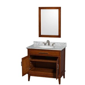 Wyndham Collection Vanity Wyndham Collection WCV161636SCLCMUNRM24 Hatton 36 Inch Single Bathroom Vanity in Light Chestnut, White Carrara Marble Countertop, Undermount Oval Sink, and 24 Inch Mirror