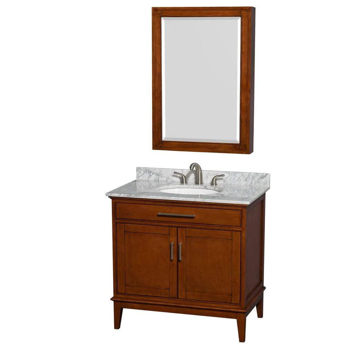 Wyndham Collection Vanity Wyndham Collection WCV161636SCLCMUNRMED Hatton 36 Inch Single Bathroom Vanity in Light Chestnut, White Carrara Marble Countertop, Undermount Oval Sink, and Medicine Cabinet