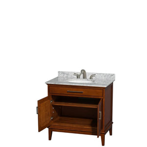 Wyndham Collection Vanity Wyndham Collection WCV161636SCLCMUNRMXX Hatton 36 Inch Single Bathroom Vanity in Light Chestnut, White Carrara Marble Countertop, Undermount Oval Sink, and No Mirror