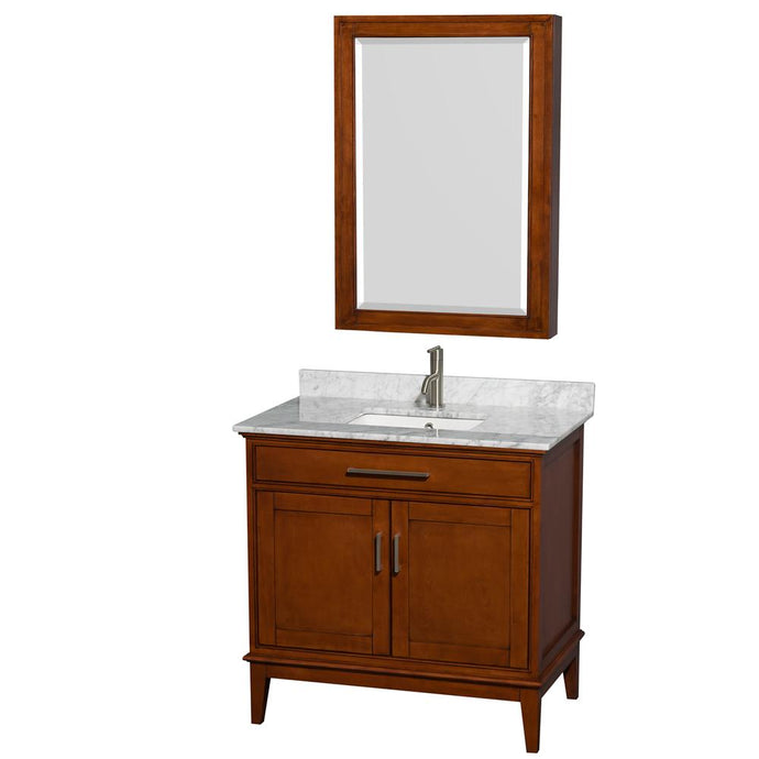 Wyndham Collection Vanity Wyndham Collection WCV161636SCLCMUNSMED Hatton 36 Inch Single Bathroom Vanity in Light Chestnut, White Carrara Marble Countertop, Undermount Square Sink, and Medicine Cabinet