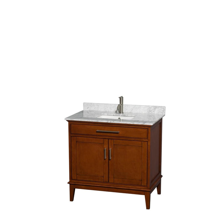 Wyndham Collection Vanity Wyndham Collection WCV161636SCLCMUNSMXX Hatton 36 Inch Single Bathroom Vanity in Light Chestnut, White Carrara Marble Countertop, Undermount Square Sink, and No Mirror