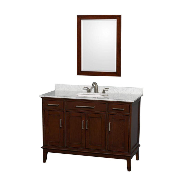 Wyndham Collection Vanity Wyndham Collection WCV161648SCDCMUNRM24 Hatton 48 Inch Single Bathroom Vanity in Dark Chestnut, White Carrara Marble Countertop, Undermount Oval Sink, and 24 Inch Mirror