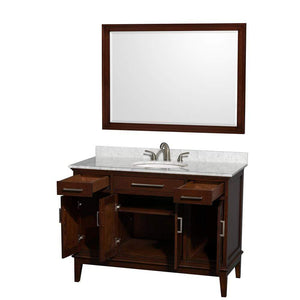 Wyndham Collection Vanity Wyndham Collection WCV161648SCDCMUNRM44 Hatton 48 Inch Single Bathroom Vanity in Dark Chestnut, White Carrara Marble Countertop, Undermount Oval Sink, and 44 Inch Mirror