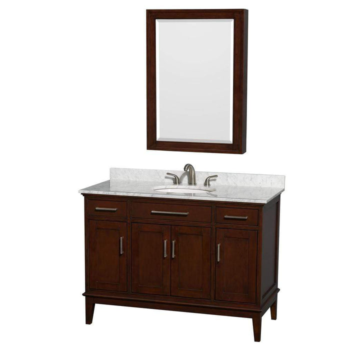 Wyndham Collection Vanity Wyndham Collection WCV161648SCDCMUNRMED Hatton 48 Inch Single Bathroom Vanity in Dark Chestnut, White Carrara Marble Countertop, Undermount Oval Sink, and Medicine Cabinet
