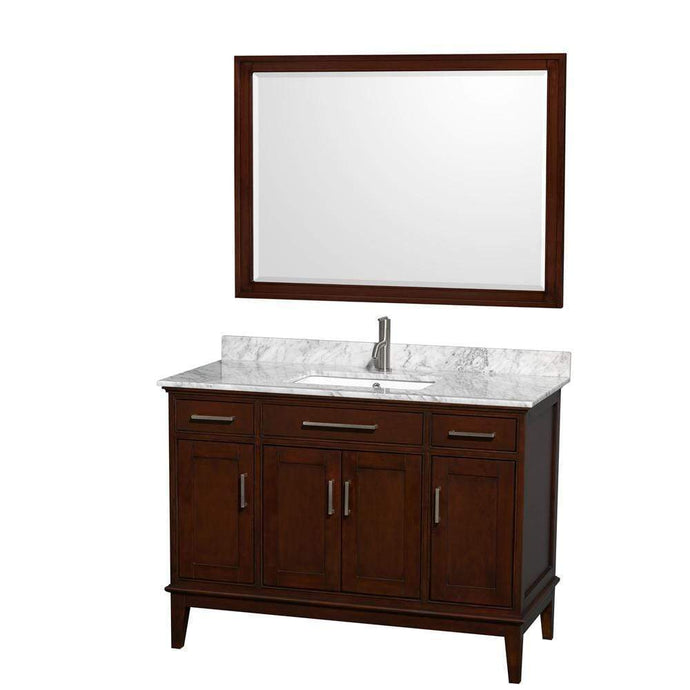 Wyndham Collection Vanity Wyndham Collection WCV161648SCDCMUNSM44 Hatton 48 Inch Single Bathroom Vanity in Dark Chestnut, White Carrara Marble Countertop, Undermount Square Sink, and 44 Inch Mirror