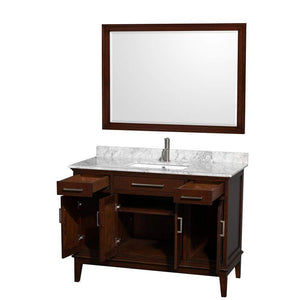 Wyndham Collection Vanity Wyndham Collection WCV161648SCDCMUNSM44 Hatton 48 Inch Single Bathroom Vanity in Dark Chestnut, White Carrara Marble Countertop, Undermount Square Sink, and 44 Inch Mirror