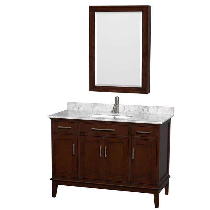 Wyndham Collection Vanity Wyndham Collection WCV161648SCDCMUNSMED Hatton 48 Inch Single Bathroom Vanity in Dark Chestnut, White Carrara Marble Countertop, Undermount Square Sink, and Medicine Cabinet
