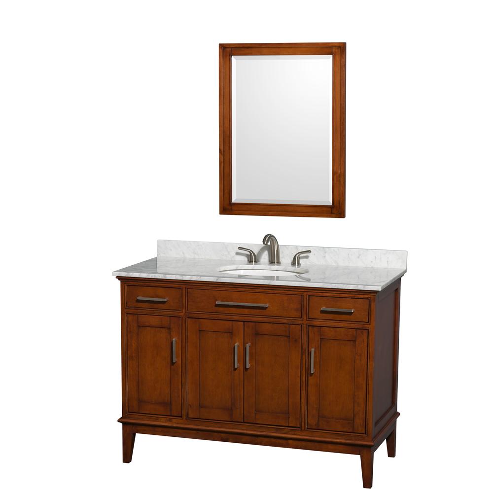 Wyndham Collection Vanity Wyndham Collection WCV161648SCLCMUNRM24 Hatton 48 Inch Single Bathroom Vanity in Light Chestnut, White Carrara Marble Countertop, Undermount Oval Sink, and 24 Inch Mirror