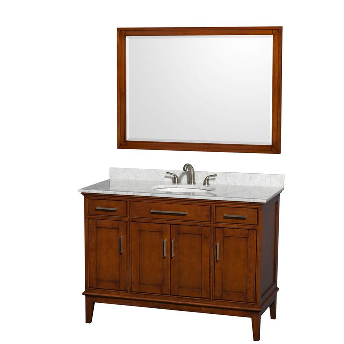 Wyndham Collection Vanity Wyndham Collection WCV161648SCLCMUNRM44 Hatton 48 Inch Single Bathroom Vanity in Light Chestnut, White Carrara Marble Countertop, Undermount Oval Sink, and 44 Inch Mirror