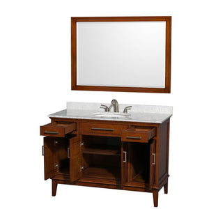 Wyndham Collection Vanity Wyndham Collection WCV161648SCLCMUNRM44 Hatton 48 Inch Single Bathroom Vanity in Light Chestnut, White Carrara Marble Countertop, Undermount Oval Sink, and 44 Inch Mirror