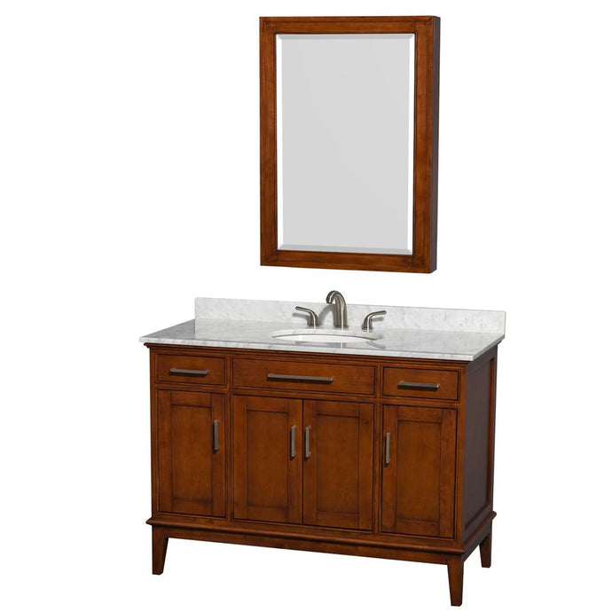 Wyndham Collection Vanity Wyndham Collection WCV161648SCLCMUNRMED Hatton 48 Inch Single Bathroom Vanity in Light Chestnut, White Carrara Marble Countertop, Undermount Oval Sink, and Medicine Cabinet