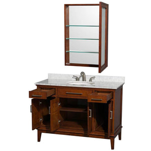 Wyndham Collection Vanity Wyndham Collection WCV161648SCLCMUNRMED Hatton 48 Inch Single Bathroom Vanity in Light Chestnut, White Carrara Marble Countertop, Undermount Oval Sink, and Medicine Cabinet