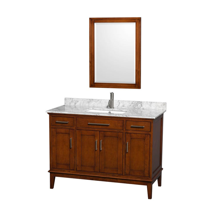 Wyndham Collection Vanity Wyndham Collection WCV161648SCLCMUNSM24 Hatton 48 Inch Single Bathroom Vanity in Light Chestnut, White Carrara Marble Countertop, Undermount Square Sink, and 24 Inch Mirror