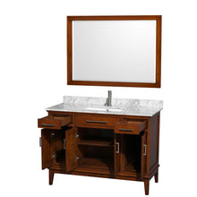 Load image into Gallery viewer, Wyndham Collection Vanity Wyndham Collection WCV161648SCLCMUNSM44 Hatton 48 Inch Single Bathroom Vanity in Light Chestnut, White Carrara Marble Countertop, Undermount Square Sink, and 44 Inch Mirror