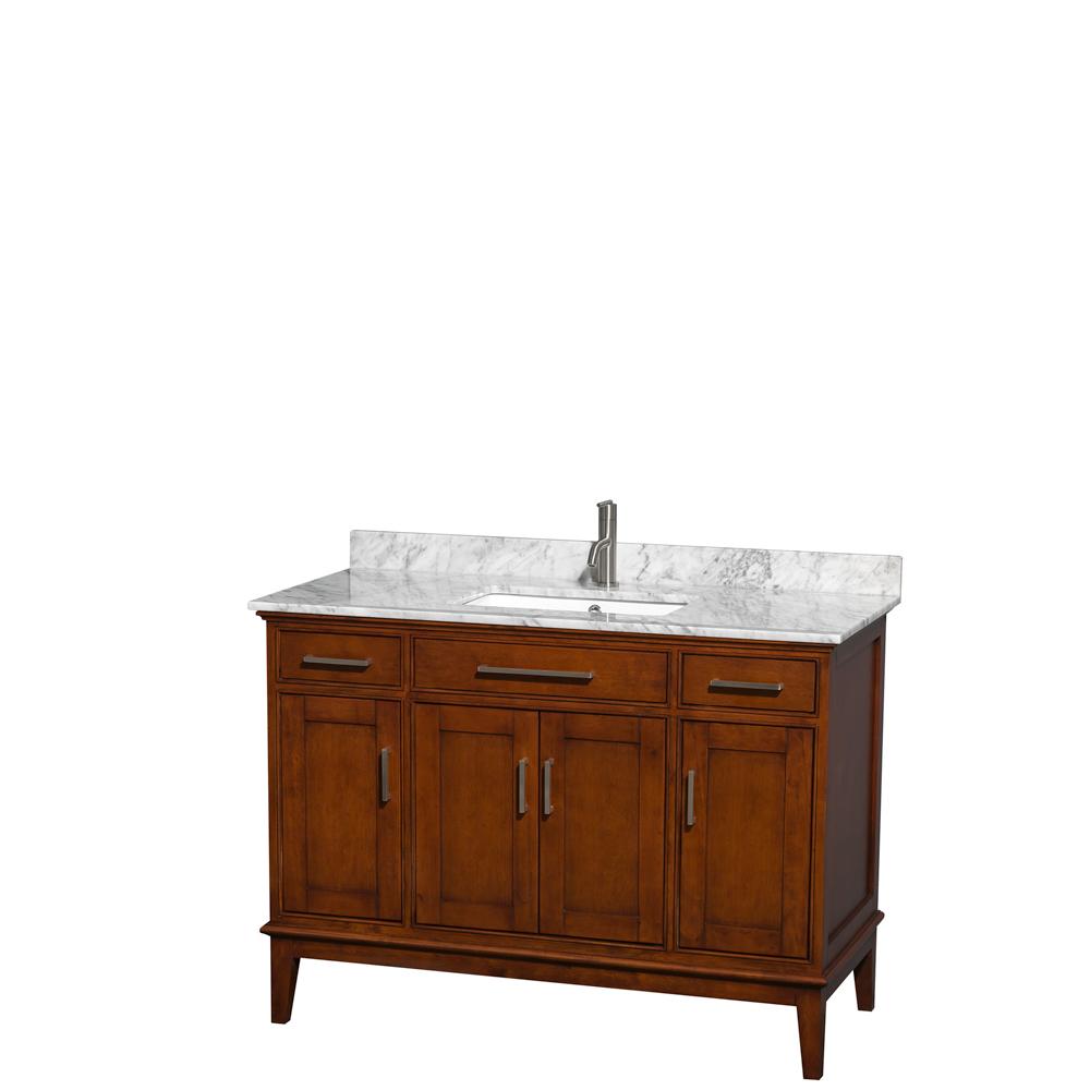 Wyndham Collection Vanity Wyndham Collection WCV161648SCLCMUNSMXX Hatton 48 Inch Single Bathroom Vanity in Light Chestnut, White Carrara Marble Countertop, Undermount Square Sink, and No Mirror