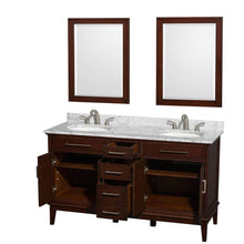 Load image into Gallery viewer, Wyndham Collection Vanity Wyndham Collection WCV161660DCDCMUNRM24 Hatton 60 Inch Double Bathroom Vanity in Dark Chestnut, White Carrara Marble Countertop, Undermount Oval Sinks, and 24 Inch Mirrors