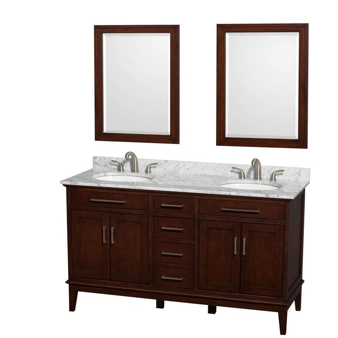 Wyndham Collection Vanity Wyndham Collection WCV161660DCDCMUNRM24 Hatton 60 Inch Double Bathroom Vanity in Dark Chestnut, White Carrara Marble Countertop, Undermount Oval Sinks, and 24 Inch Mirrors