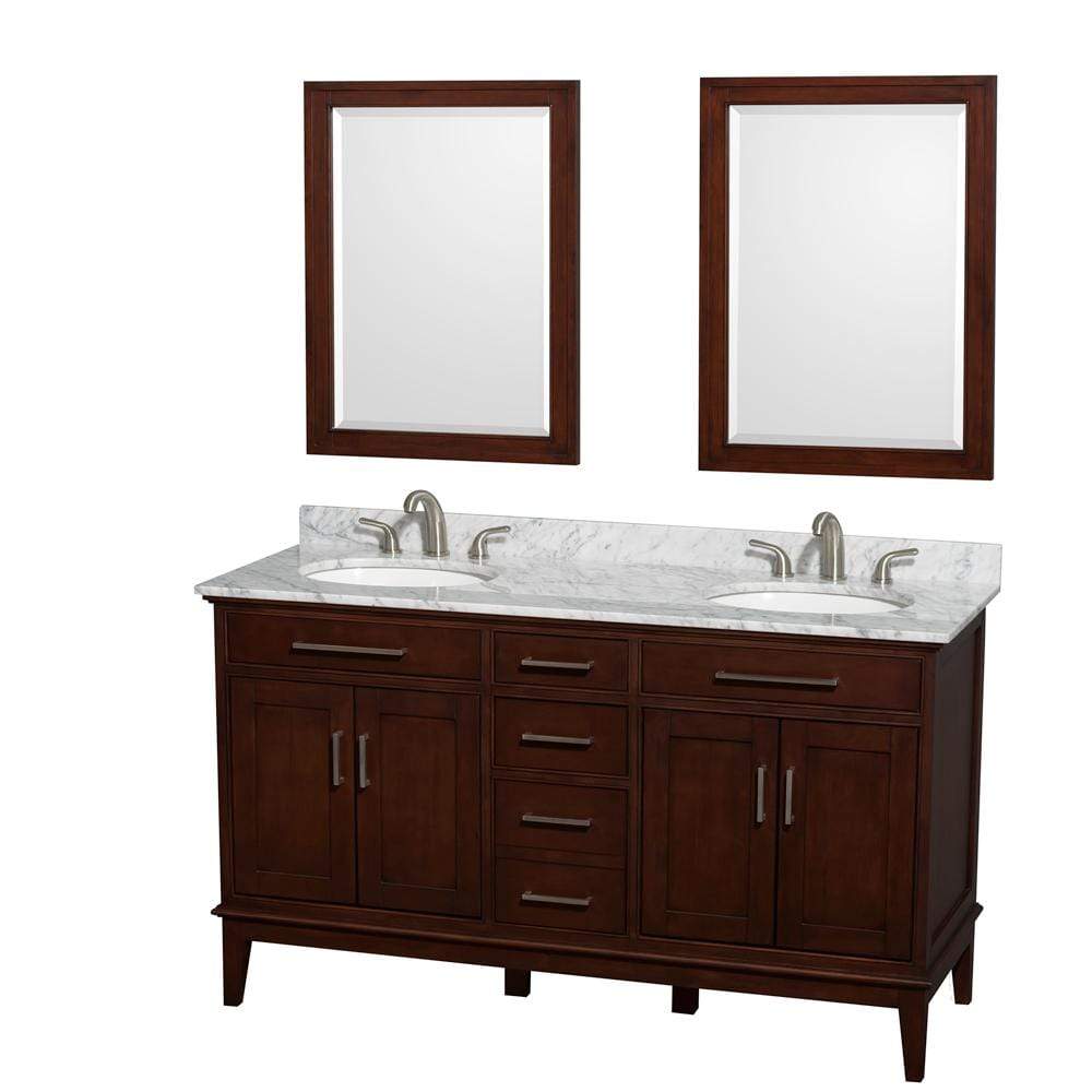 Wyndham Collection Vanity Wyndham Collection WCV161660DCDCMUNRM24 Hatton 60 Inch Double Bathroom Vanity in Dark Chestnut, White Carrara Marble Countertop, Undermount Oval Sinks, and 24 Inch Mirrors