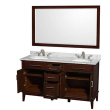 Load image into Gallery viewer, Wyndham Collection Vanity Wyndham Collection WCV161660DCDCMUNRM56 Hatton 60 Inch Double Bathroom Vanity in Dark Chestnut, White Carrara Marble Countertop, Undermount Oval Sinks, and 56 Inch Mirror