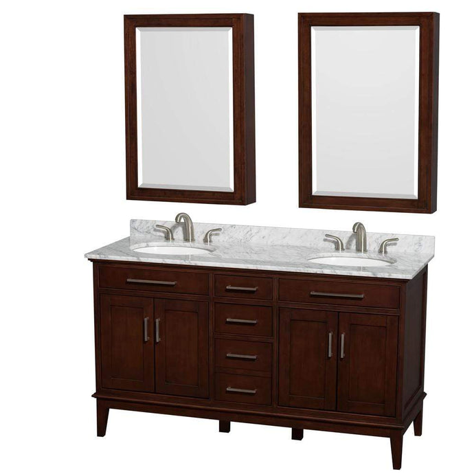 Wyndham Collection Vanity Wyndham Collection WCV161660DCDCMUNRMED Hatton 60 Inch Double Bathroom Vanity in Dark Chestnut, White Carrara Marble Countertop, Undermount Round Sinks, 24 Inch Medicine Cabinets