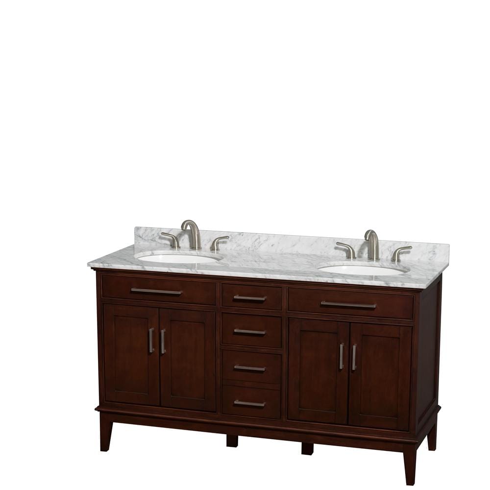 Wyndham Collection Vanity Wyndham Collection WCV161660DCDCMUNRMXX Hatton 60 Inch Double Bathroom Vanity in Dark Chestnut, White Carrara Marble Countertop, Undermount Oval Sinks, and No Mirror