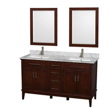 Load image into Gallery viewer, Wyndham Collection Vanity Wyndham Collection WCV161660DCDCMUNSM24 Hatton 60 Inch Double Bathroom Vanity in Dark Chestnut, White Carrara Marble Countertop, Undermount Square Sinks, and 24 Inch Mirrors