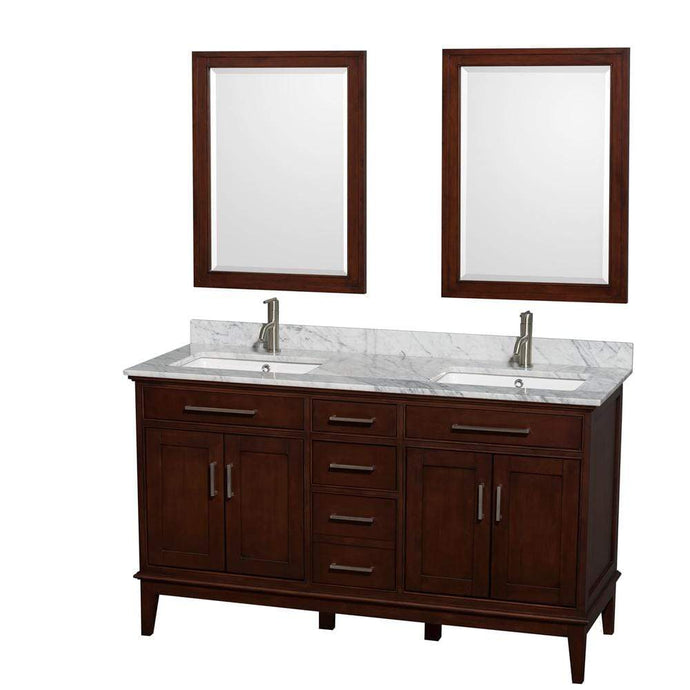 Wyndham Collection Vanity Wyndham Collection WCV161660DCDCMUNSM24 Hatton 60 Inch Double Bathroom Vanity in Dark Chestnut, White Carrara Marble Countertop, Undermount Square Sinks, and 24 Inch Mirrors