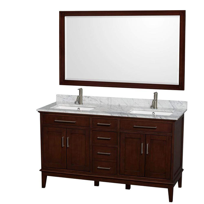 Wyndham Collection Vanity Wyndham Collection WCV161660DCDCMUNSM56 Hatton 60 Inch Double Bathroom Vanity in Dark Chestnut, White Carrara Marble Countertop, Undermount Square Sinks, and 56 Inch Mirror