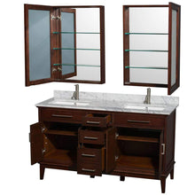 Load image into Gallery viewer, Wyndham Collection Vanity Wyndham Collection WCV161660DCDCMUNSMED Hatton 60 Inch Double Bathroom Vanity in Dark Chestnut, White Carrara Marble Countertop, Undermount Square Sinks, 24 Inch Medicine Cabinets
