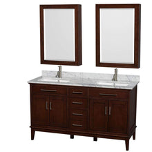Load image into Gallery viewer, Wyndham Collection Vanity Wyndham Collection WCV161660DCDCMUNSMED Hatton 60 Inch Double Bathroom Vanity in Dark Chestnut, White Carrara Marble Countertop, Undermount Square Sinks, 24 Inch Medicine Cabinets