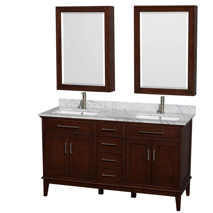 Wyndham Collection Vanity Wyndham Collection WCV161660DCDCMUNSMED Hatton 60 Inch Double Bathroom Vanity in Dark Chestnut, White Carrara Marble Countertop, Undermount Square Sinks, 24 Inch Medicine Cabinets