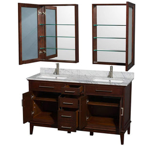 Wyndham Collection Vanity Wyndham Collection WCV161660DCDCMUNSMED Hatton 60 Inch Double Bathroom Vanity in Dark Chestnut, White Carrara Marble Countertop, Undermount Square Sinks, 24 Inch Medicine Cabinets