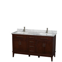 Load image into Gallery viewer, Wyndham Collection Vanity Wyndham Collection WCV161660DCDCMUNSMXX Hatton 60 Inch Double Bathroom Vanity in Dark Chestnut, White Carrara Marble Countertop, Undermount Square Sinks, and No Mirror