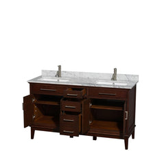Load image into Gallery viewer, Wyndham Collection Vanity Wyndham Collection WCV161660DCDCMUNSMXX Hatton 60 Inch Double Bathroom Vanity in Dark Chestnut, White Carrara Marble Countertop, Undermount Square Sinks, and No Mirror