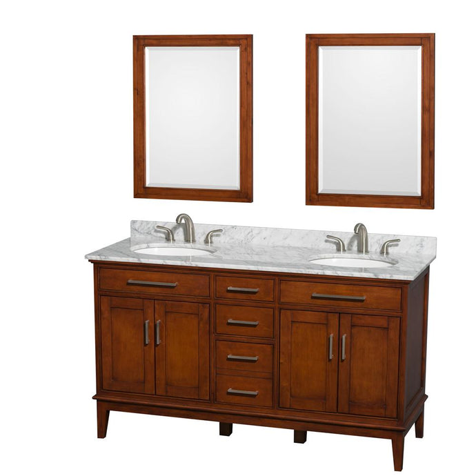 Wyndham Collection Vanity Wyndham Collection WCV161660DCLCMUNRM24 Hatton 60 Inch Double Bathroom Vanity in Light Chestnut, White Carrara Marble Countertop, Undermount Oval Sinks, and 24 Inch Mirrors