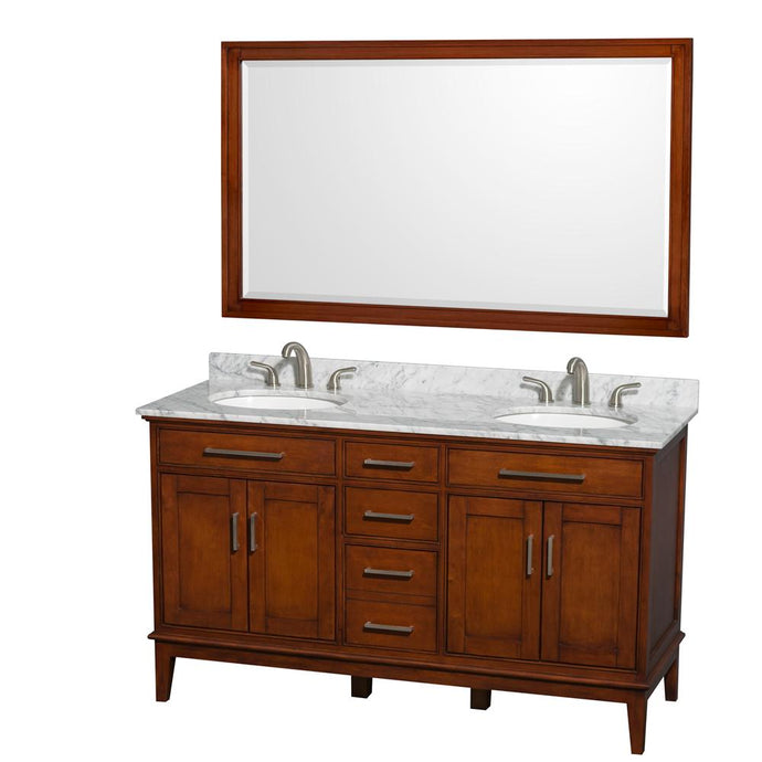 Wyndham Collection Vanity Wyndham Collection WCV161660DCLCMUNRM56 Hatton 60 Inch Double Bathroom Vanity in Light Chestnut, White Carrara Marble Countertop, Undermount Oval Sinks, and 56 Inch Mirror