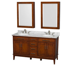 Load image into Gallery viewer, Wyndham Collection Vanity Wyndham Collection WCV161660DCLCMUNRMED Hatton 60 Inch Double Bathroom Vanity in Light Chestnut, White Carrara Marble Countertop, Undermount Round Sinks, 24 Inch Medicine Cabinets
