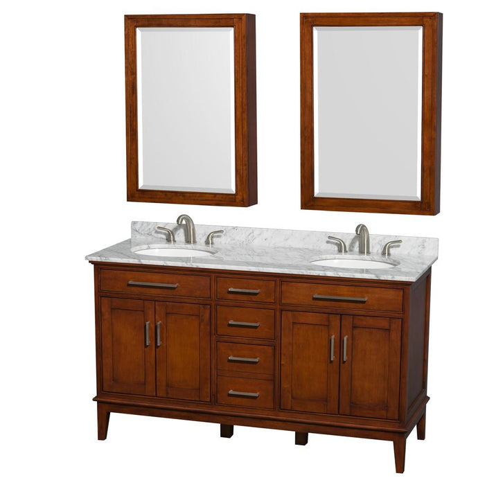 Wyndham Collection Vanity Wyndham Collection WCV161660DCLCMUNRMED Hatton 60 Inch Double Bathroom Vanity in Light Chestnut, White Carrara Marble Countertop, Undermount Round Sinks, 24 Inch Medicine Cabinets