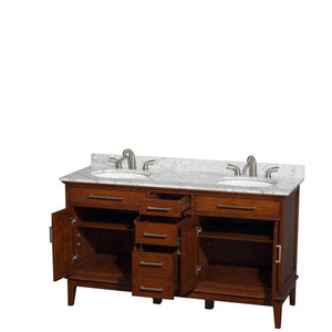 Wyndham Collection Vanity Wyndham Collection WCV161660DCLCMUNRMXX Hatton 60 Inch Double Bathroom Vanity in Light Chestnut, White Carrara Marble Countertop, Undermount Oval Sinks, and No Mirror