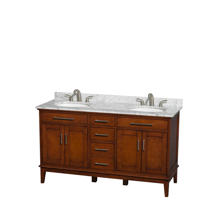 Wyndham Collection Vanity Wyndham Collection WCV161660DCLCMUNRMXX Hatton 60 Inch Double Bathroom Vanity in Light Chestnut, White Carrara Marble Countertop, Undermount Oval Sinks, and No Mirror