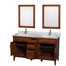 Load image into Gallery viewer, Wyndham Collection Vanity Wyndham Collection WCV161660DCLCMUNSM24 Hatton 60 Inch Double Bathroom Vanity in Light Chestnut, White Carrara Marble Countertop, Undermount Square Sinks, and 24 Inch Mirrors